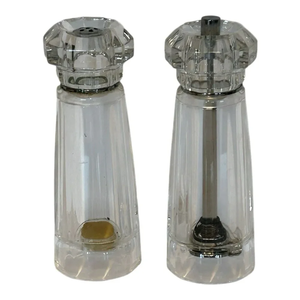 Vintage Mr Dudley Salt And Pepper Mill Set Clear Acrylic Lucite MCM 7”